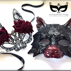 Halloween Masks for Couples - Black Red theme Masquerade Ball Masks