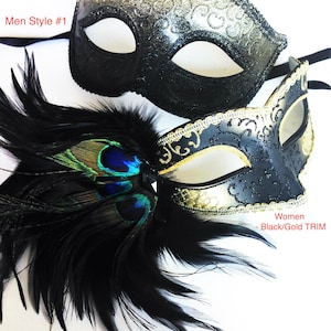 male female Couples Black Roman Mask and Women gold Accent peacock Masquerade Ball Prom Mask