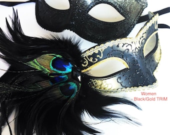 male female Couples Black Roman Mask and Women gold Accent peacock Masquerade Ball Prom Mask