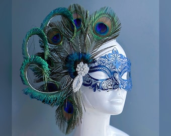 Masque de mascarade bleu marine pour femmes, masque de mascarade en plumes de paon, masque vénitien en plumes, masque de gala pour bal masqué
