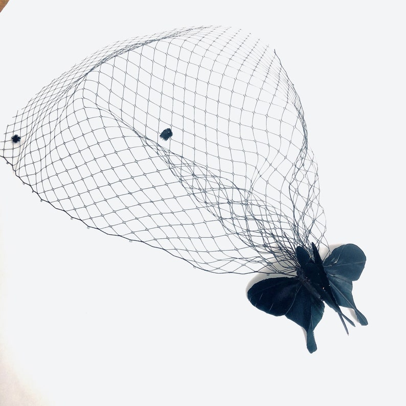 black veil Hairpiece Wedding Birdcage Veil with Rhinestones butterflh fishnet Veil Butterfly Birdcage Veil black Tulle Veil