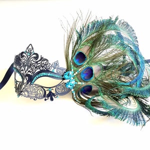 HigginsCreek Masquerade Mask Women, Luxury Peacock Feather Mask, Mardi Gras Mask, Venetian Masquerade Mask Gold Navy theme image 4