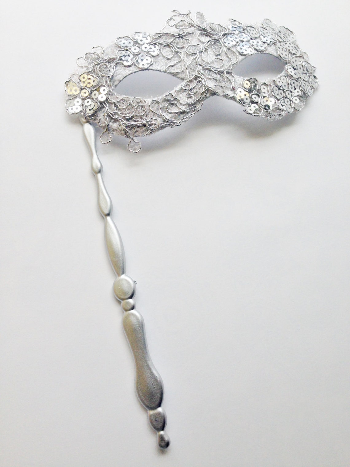 Silver Masquerade Mask on Stick Womens Hand Held Mask Etsy