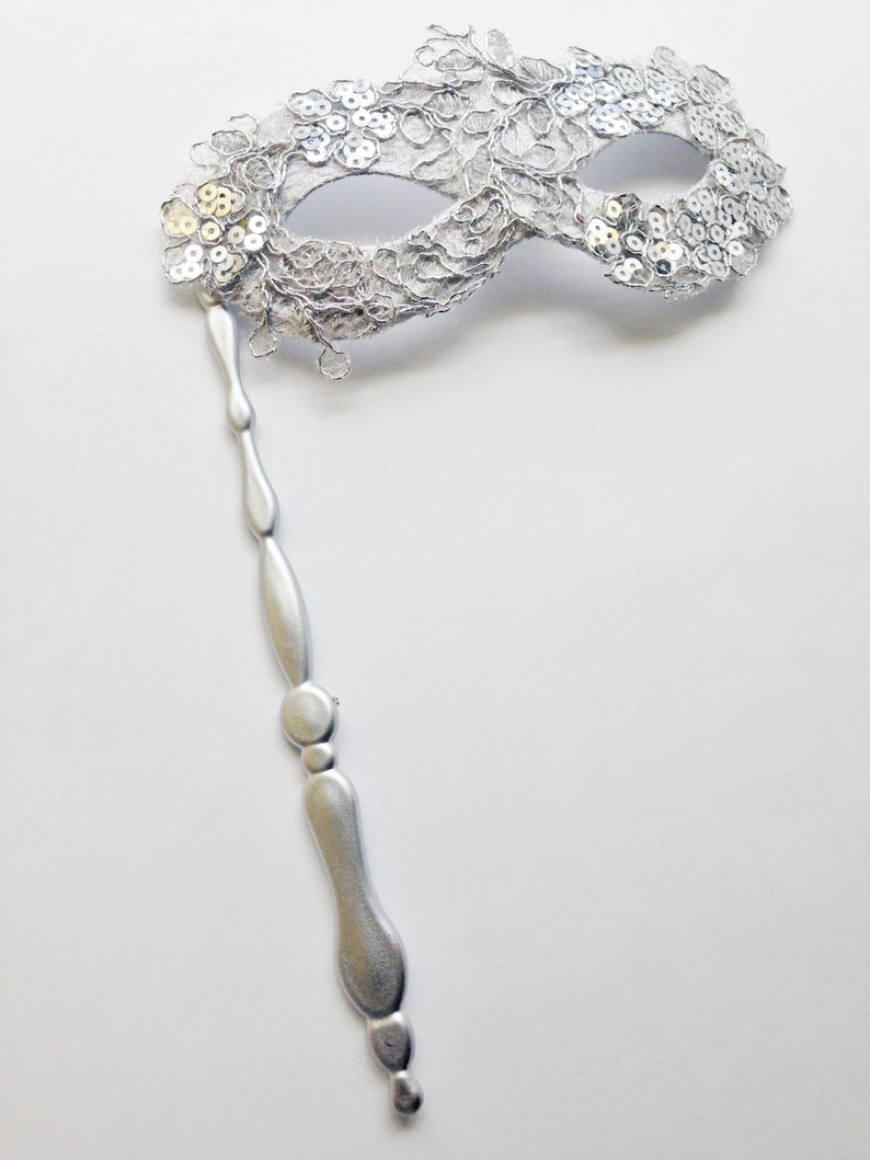 Silver Masquerade Mask on Stick Womens Hand Held Mask Etsy