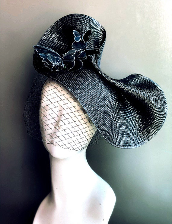 Elegant Black Hat With Veil and Butterflies, Butterfly  display picture 2