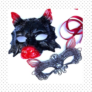 Red black masquerade mask couples, werewolf and fox masks, Wolf cosplay mask, fox animal halloween mask, women lace mask