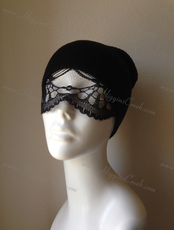 Black beanie with lace slouchy beanie with lace woman lace hat