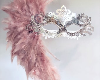 Blush Pink masquerade mask with stick masquerade masks blush pink feathers masquerade mask on stick Venetian masquerade masks