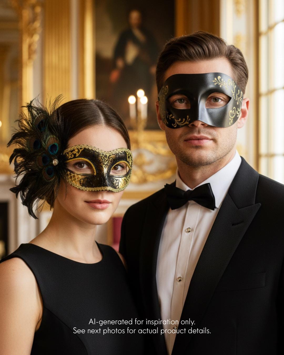 ブラックゴールドの孔雀の羽根の仮面舞踏会マスクカップルセット