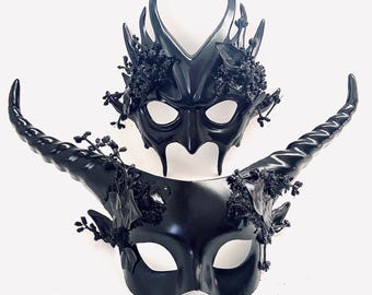 Halloween Masquerade Mask Couples Set: Black Horned Devil Masks