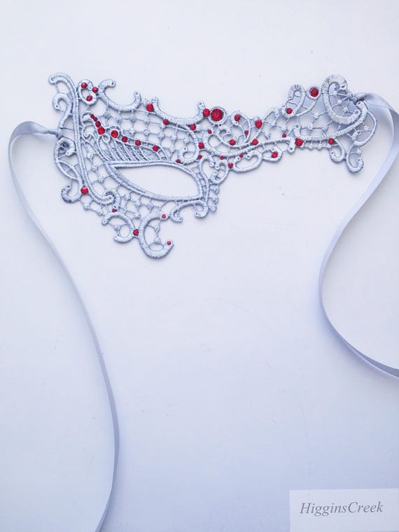 Silver Masquerade Mask women Lace Red rhinestones Mardi Gras Mask