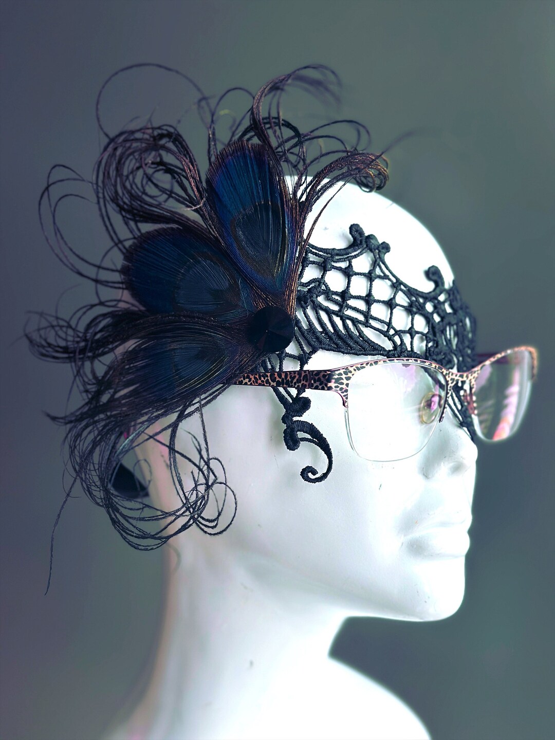 Masquerade Mask for Eyeglasses Black Feather Mask Eye Glass Wearer