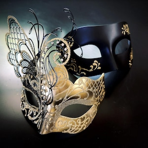 Couples masquerade mask pair, his and her mask pair Gold/Black masks, wedding masks Couples Prom Mask, new year eve party Masquerade Mask
