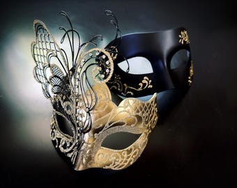 Máscara de mascarada de filigrana de mariposa de oro negro para parejas con diamantes de imitación