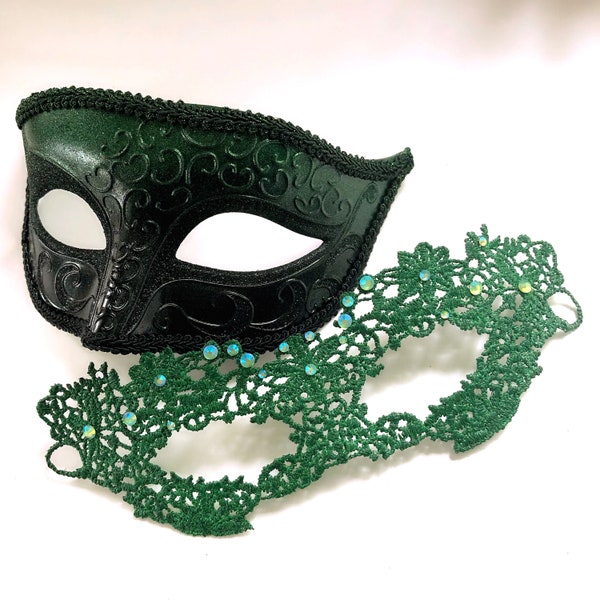 Emerald Green Black Couples Masquerade Mask Set Lace