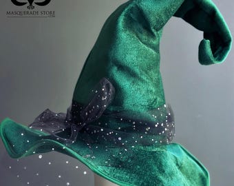 Green Witch Hat with Black Glitter Tulle, Curled Halloween Witch Hat for Women, Wicked Witch Costume Hat