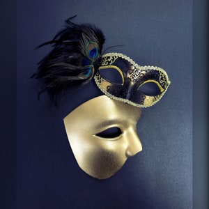 Gold Black Couples Masquerade Masks, Venetian Masks, Phantom Mask, Feather Mask, Masquerade Party, Masquerade Ball, Costume Party Mask