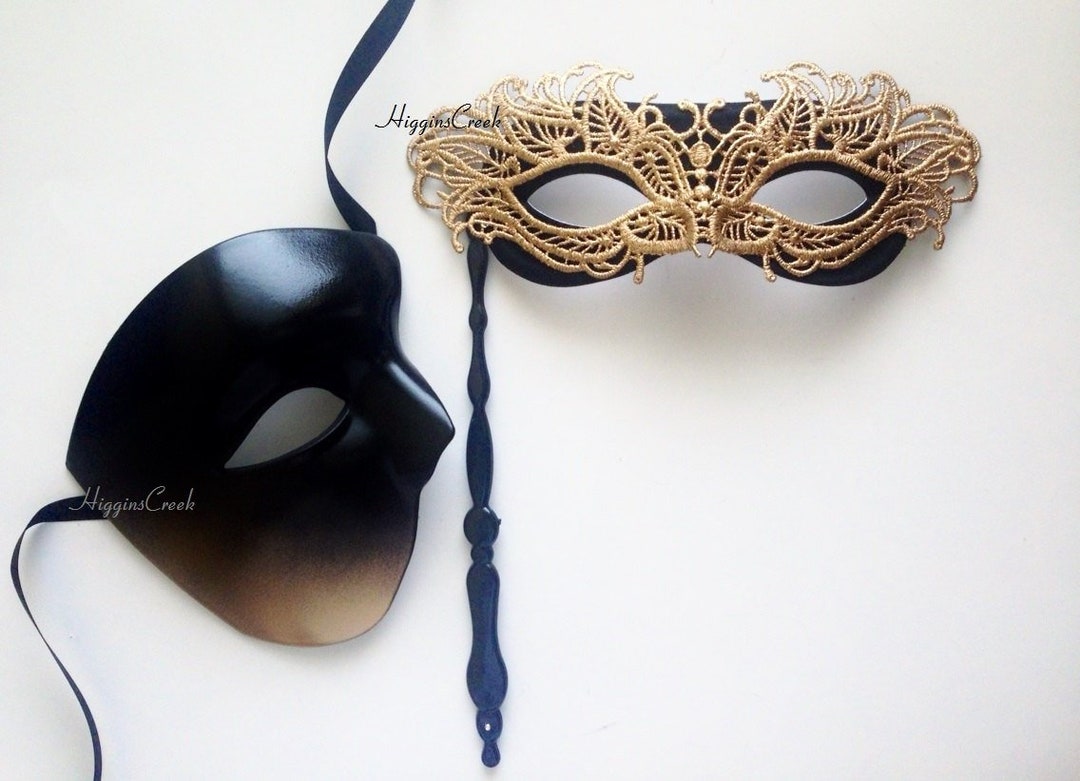 Gold Lace & Black Half Face Phantom Masquerade Mask Couples Set - Etsy