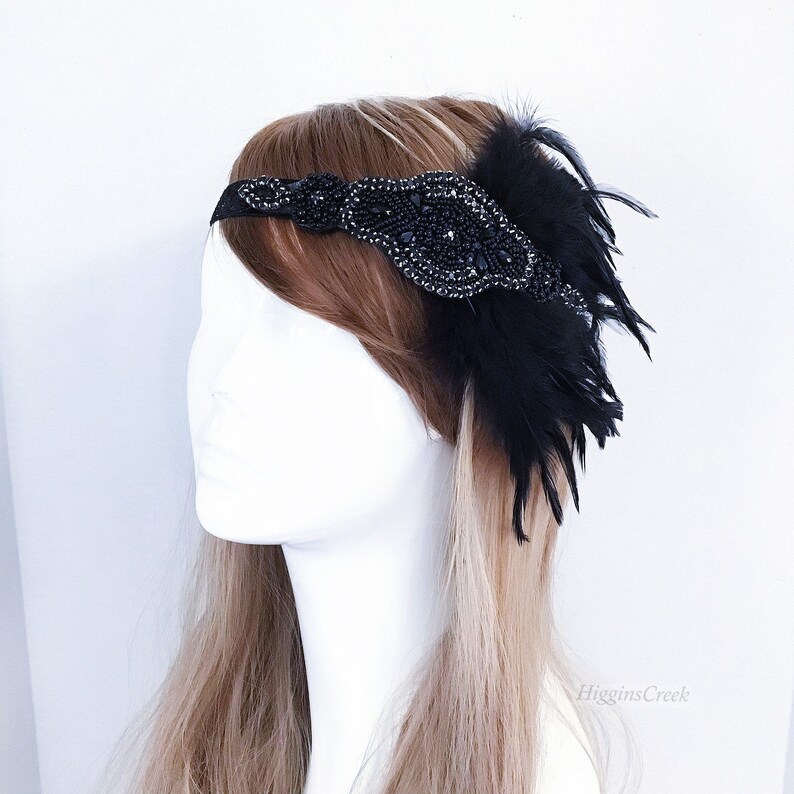Black Flapper Girl Headpiece Roaring 20's Headpiece Black Headband With Feathers With Elegant Events Masquerade Black Tie Events image 3