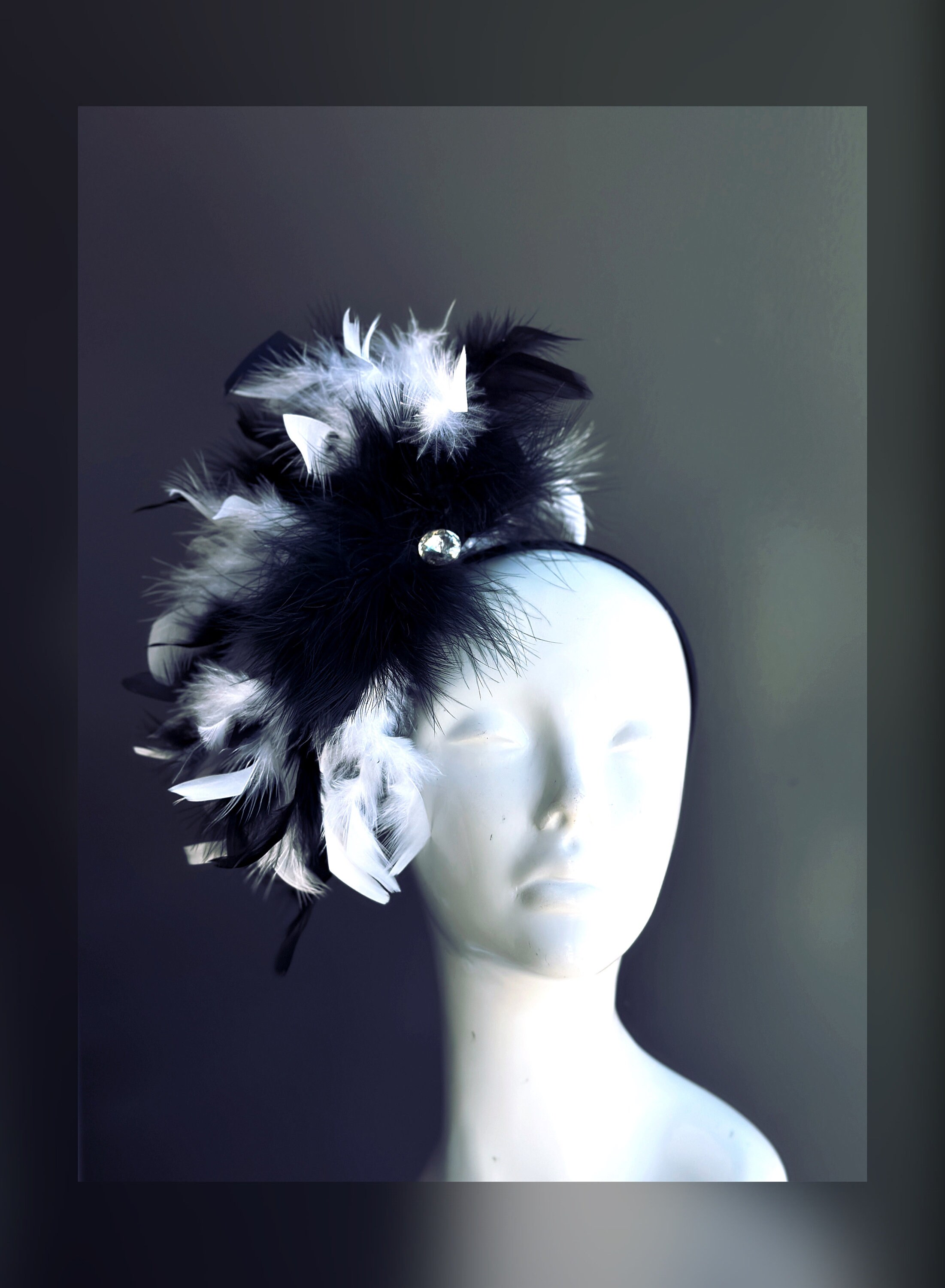 Black and White Feather Headpiece, Womens Fascinator  display picture 2