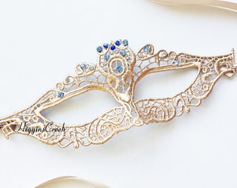 Gold halloween Mask women Lace Mask with sapphire rhinestones Mardi Gras Mask Masquerade Mask venetian Ball Mask