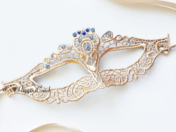 Gold Lace Masquerade Mask with Sapphire Rhinestones
