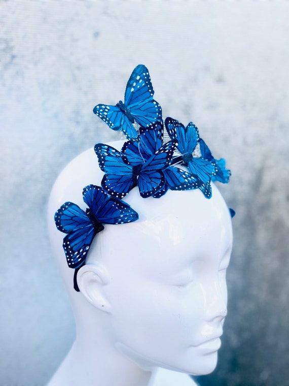 Blue Butterfly Embellished Headband Navy Blue Butterfly Satin Hairband With Sparkly Glitter  main image 2