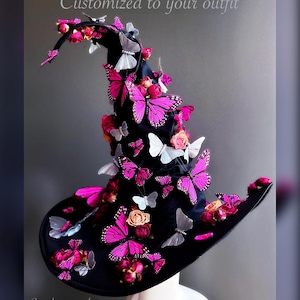 Sombrero de bruja de Halloween para adultos, sombrero de bruja caprichoso, sombrero de bruja personalizado, sombrero de bruja de lujo, sombrero de bruja de ala ancha puntiaguda negra