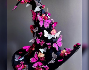 Sombrero de bruja de Halloween para adultos, sombrero de bruja caprichoso, sombrero de bruja personalizado, sombrero de bruja de lujo, sombrero de bruja de ala ancha puntiaguda negra