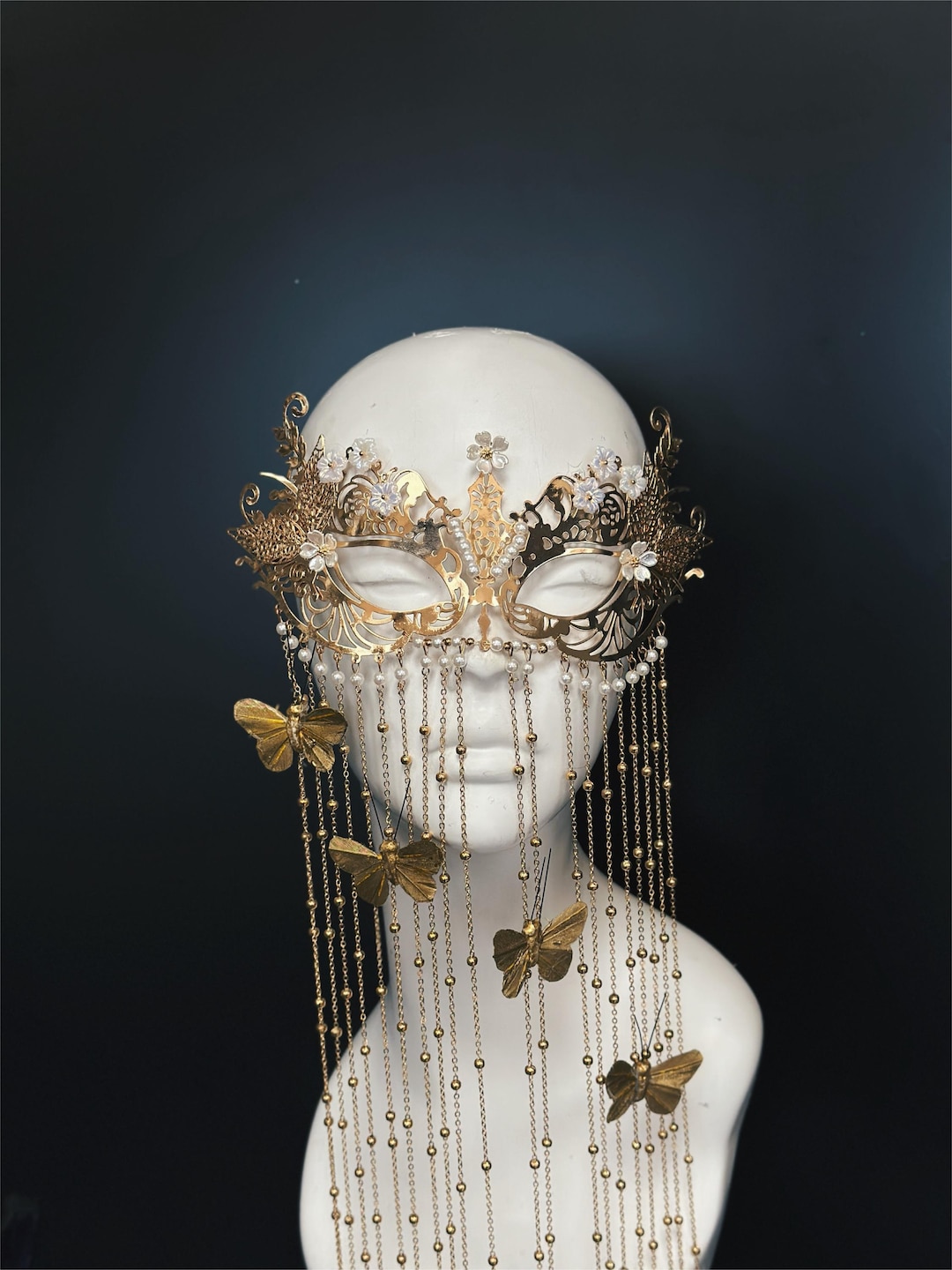 Gold Masquerade Mask With Floral Detail and Butterfly Chain Fringe - Etsy
