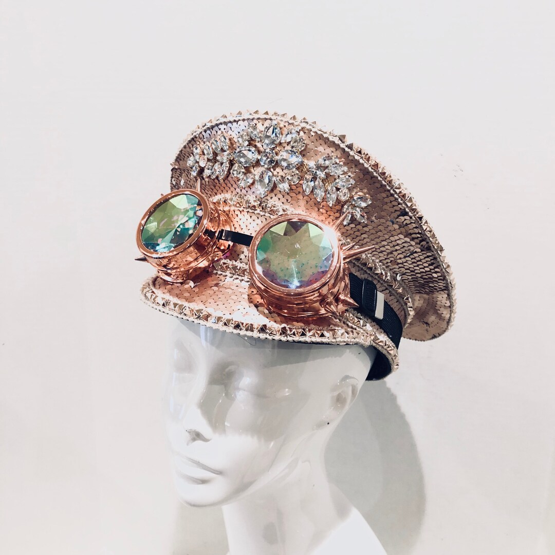 Rose Gold Captains Rave Hat Fan Captains Hat With Steampunk Goggles