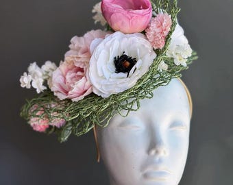 Blush Bloom Garden Fascinator, Kentucky Derby Tea Party Floral Headpiece Peony Headpiece Rose Fascinator Hat Flower Garden Party Headdress