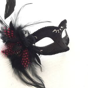 Red Polka Dot feather Masquerade Mask, Venetian feather Masks, Red Prom Dress Mask