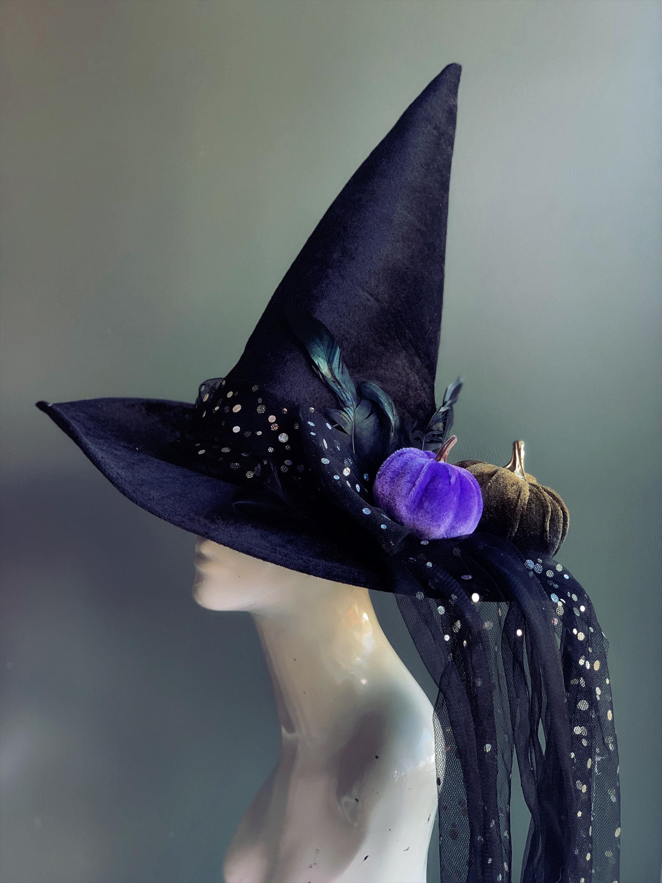Handmade one of a kind witches cap made from vintage skullcap bat feathers Witch Hat Gawyn Head Size 22 main image 3