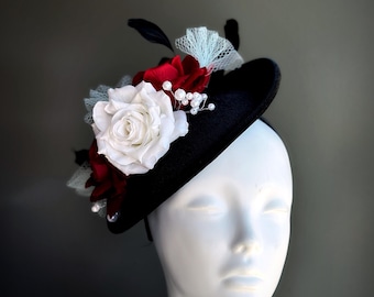 Black Wool Felt Hat With Red Rose – Handmade Vintage  display picture 2
