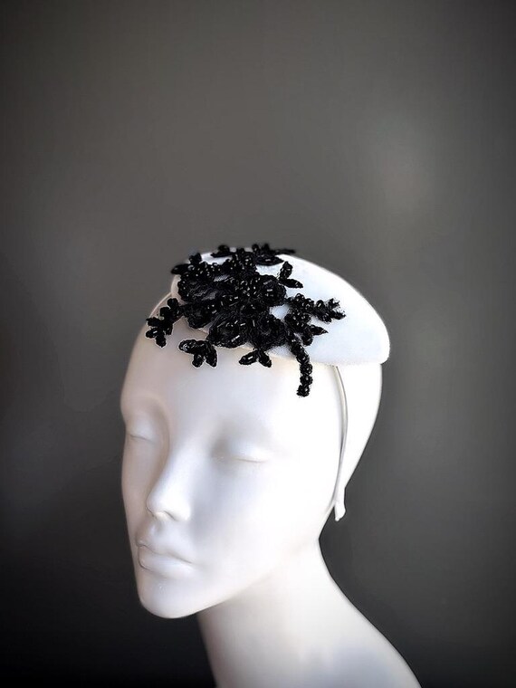 Black White Fascinator Hat Flower Headband Black White Hat  display picture 3