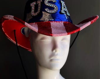 USA 4th of July Cowboy Hat - Red Blue White Sequins