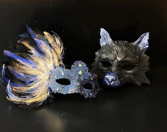 Blue & Gold Couple Masquerade Mask Set Wolf Mask and Feather Lace