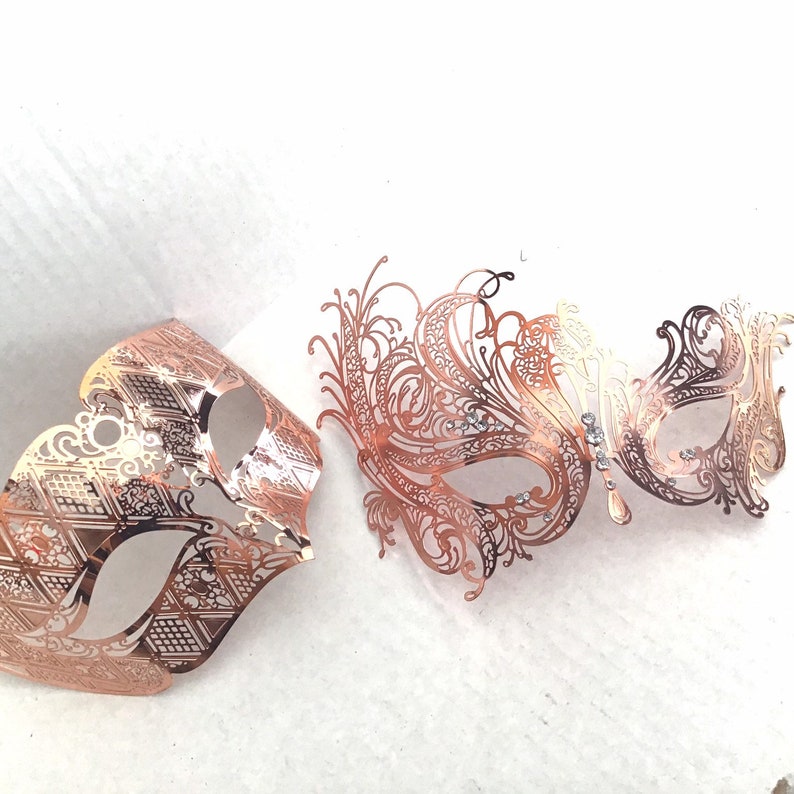 Rosegold masquerade masks couples l rose gold design filigree metal gems l party masks for women men