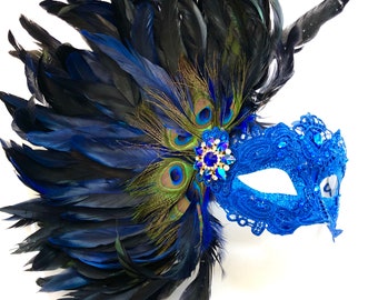 Royal Blue masquerade Mask Women feather Mask Blue feather party Mask luxury feather masquerade mask masquerade ball venetian Mask halloween