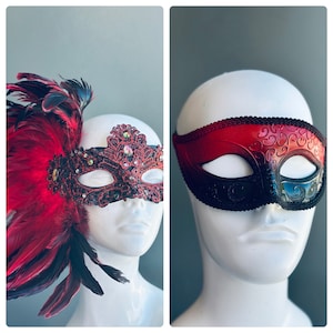 Vibrant Red Masquerade Masks for Couples - Red Men’s Mask - Red Feather Women’s Mask - Masked Ball - Venetian Party Mask - Carnival Mask