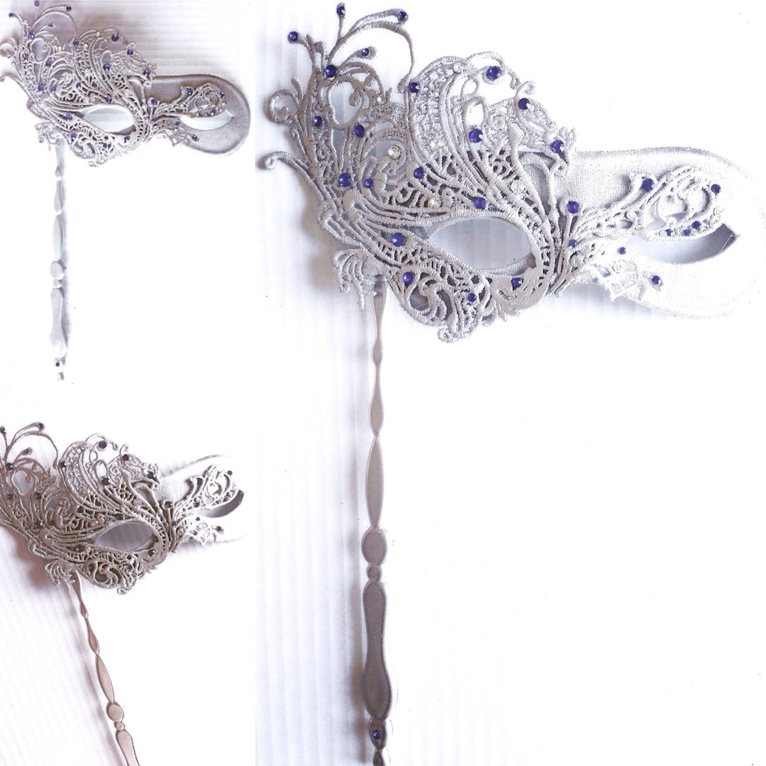 Masquerade Mask, Silver and Sapphire Studded Stick Mask, Stick Mask