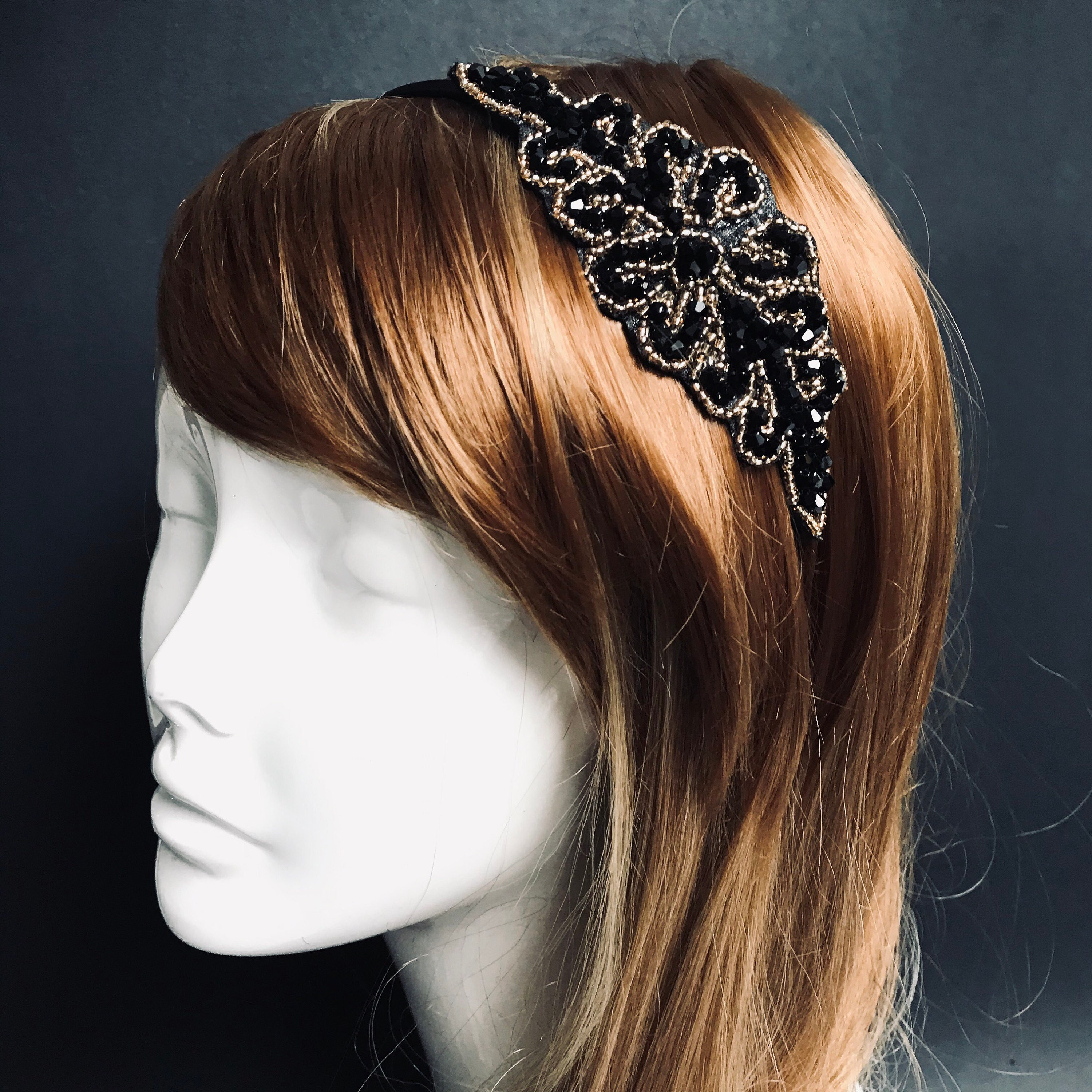 Vintage Flapper Stirnband 1920er Jahre – Mit Perlen-Applikation, Schwarz, Elastisch – Für Gatsby & Kostümpartys