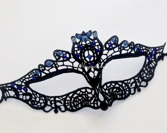 Womens Black Masquerade Mask, Simple elegant Lace mask with rhinestones