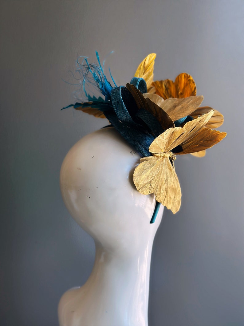 Teal Gold Butterfly Fascinator Tea Party Hat image 3