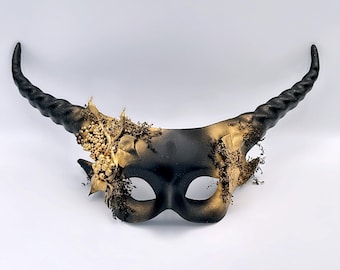 Black Gold Women Masquerade Mask, Horn Mask, Halloween Mask, Animal Mask Long horns Brocade lace mask