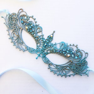 Turquoise Masquerade Mask, Women's Masquerade Ball Mask, Aqua Mardi Gras Mask, Rhinestone Masquerade Mask