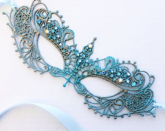 Turquoise Masquerade Mask, Women's Masquerade Ball Mask, Aqua Mardi Gras Mask, Rhinestone Masquerade Mask