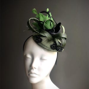 Olive Green Feather Fascinator Wedding Fascinator Derby Hat High Tea Party Hat Women Fascinator Hat Womens Green Hat