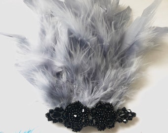 Silver black flapper headpiece feather hairpiece, feather headpiece, silver feather hair clip